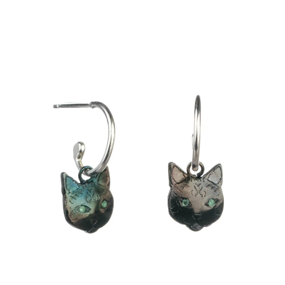 Amanda Coleman Handmade Cat Head Earrings On Mini Hoops 
