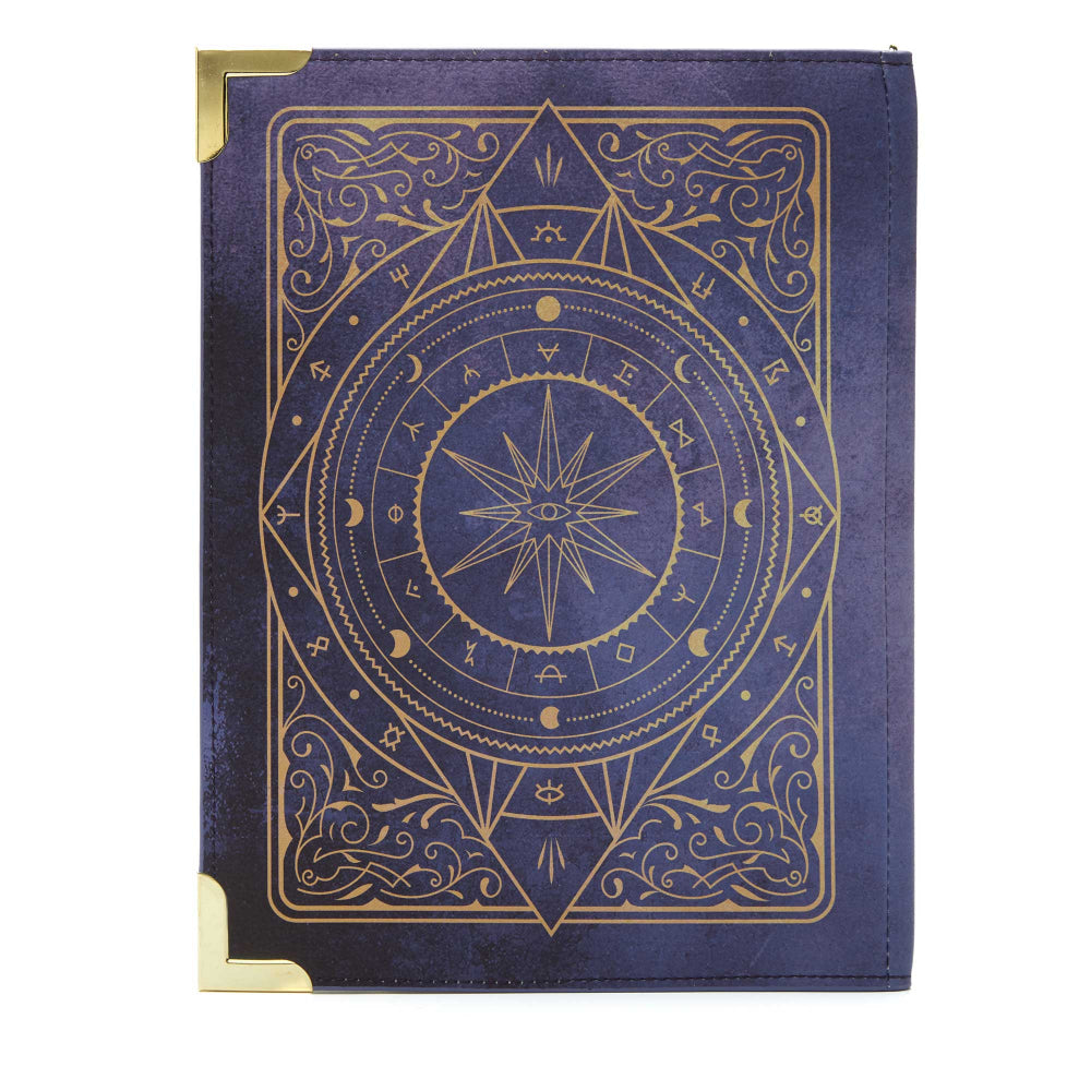 Blue notebook with gold astrological design on a white background