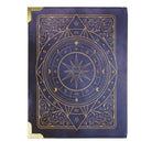 Blue notebook with gold astrological design on a white background