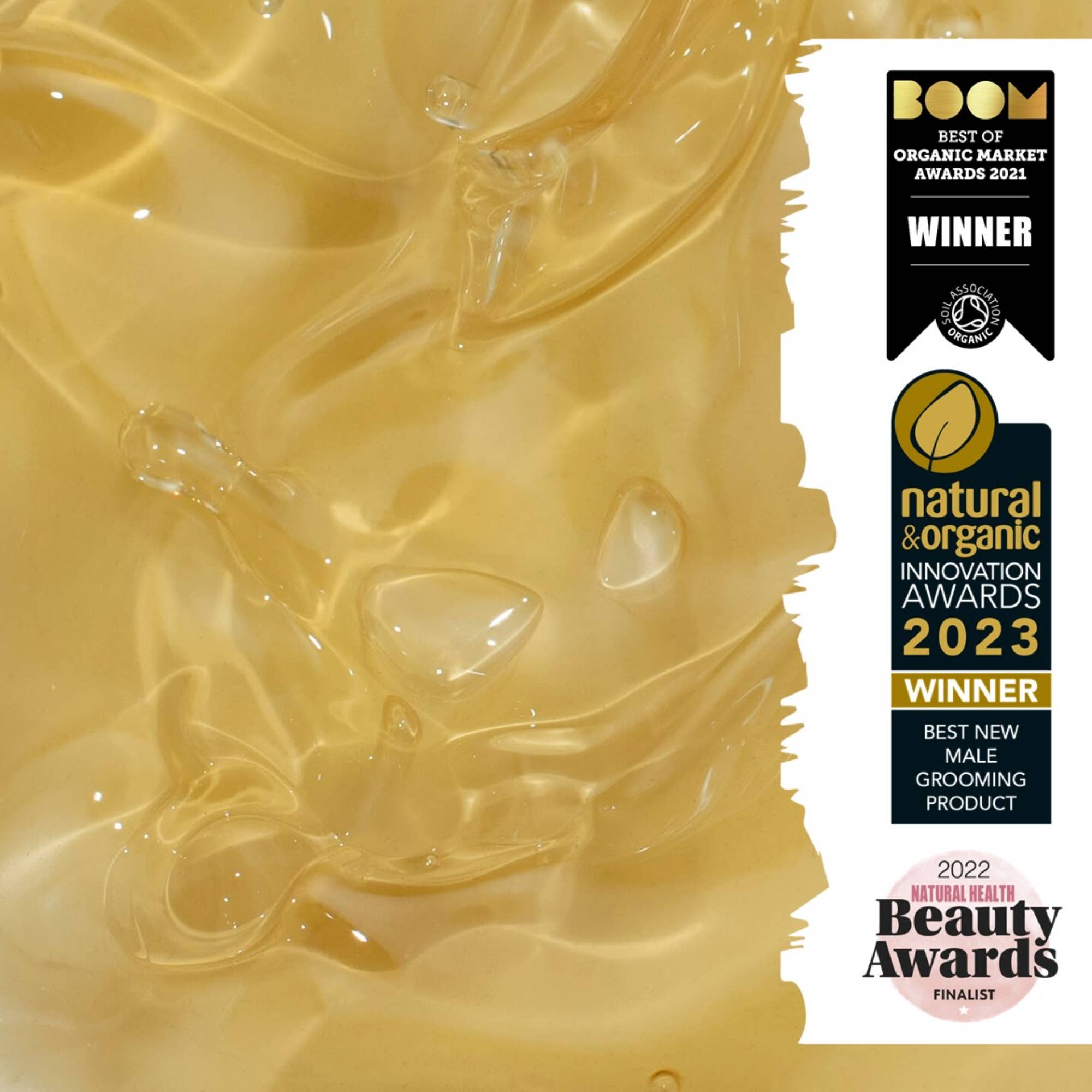 Yellow gel product with awards text overlay on a white background