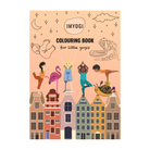 Coloring book cover for 'IMYOGI' with illustrations of children and buildings on a peach background.