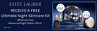 Estée Lauder advertisement with skincare products and offer details on a blue background
