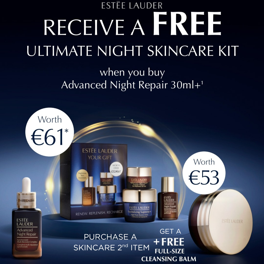 Estée Lauder advertisement for a free skincare kit with Advanced Night Repair 30ml purchase.
