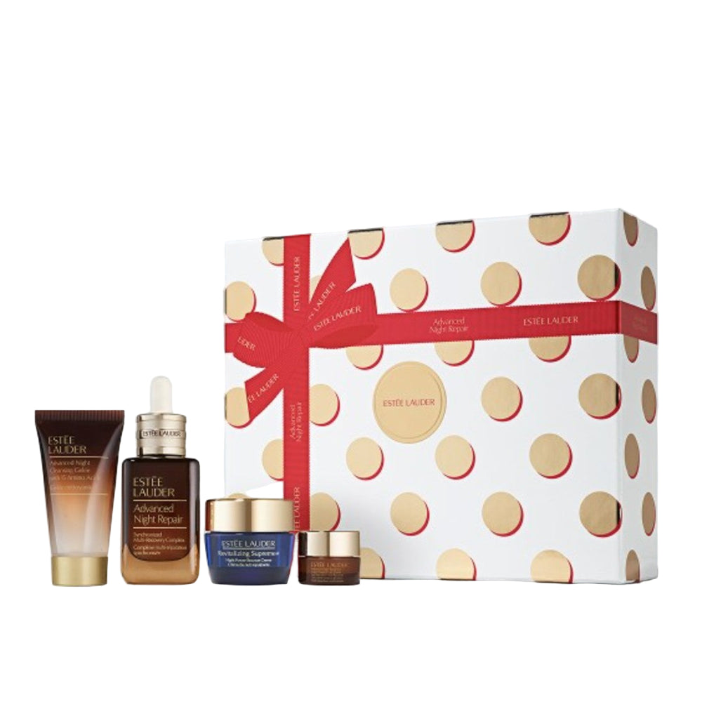 Estée Lauder gift set with polka dot box on a white background