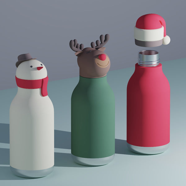 Three decorative water bottles with Christmas-themed designs on a gray background
