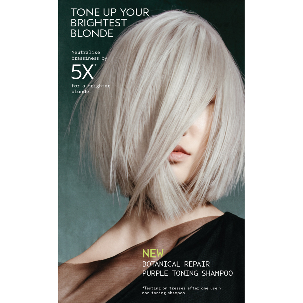 Advertisement for a botanical repair purple toning shampoo with a person with platinum blonde hair.