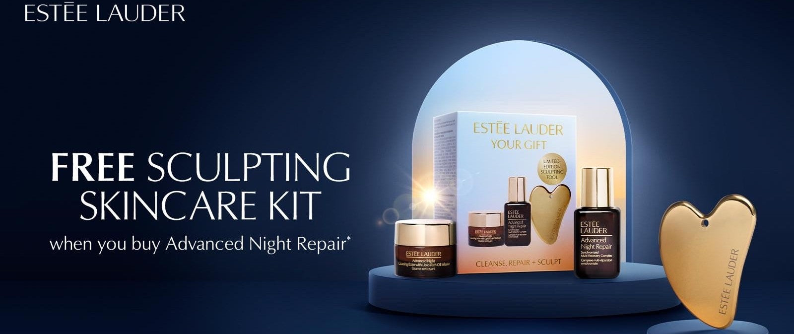 Estée Lauder skincare kit with free sculpting skincare kit offer on a dark blue background