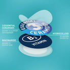 Stack of blue and white levels of ingredients with text on a teal background