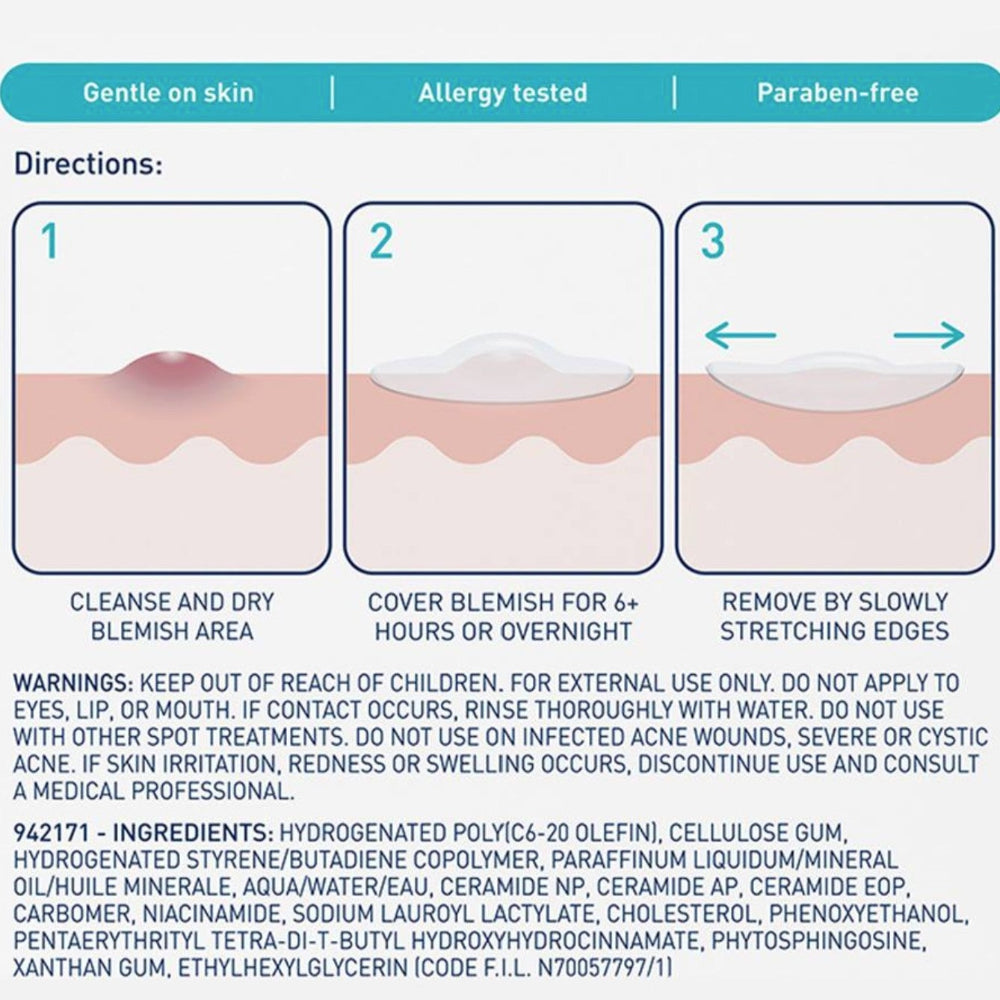 Instructions for using a blemish treatment product with illustrations and text.