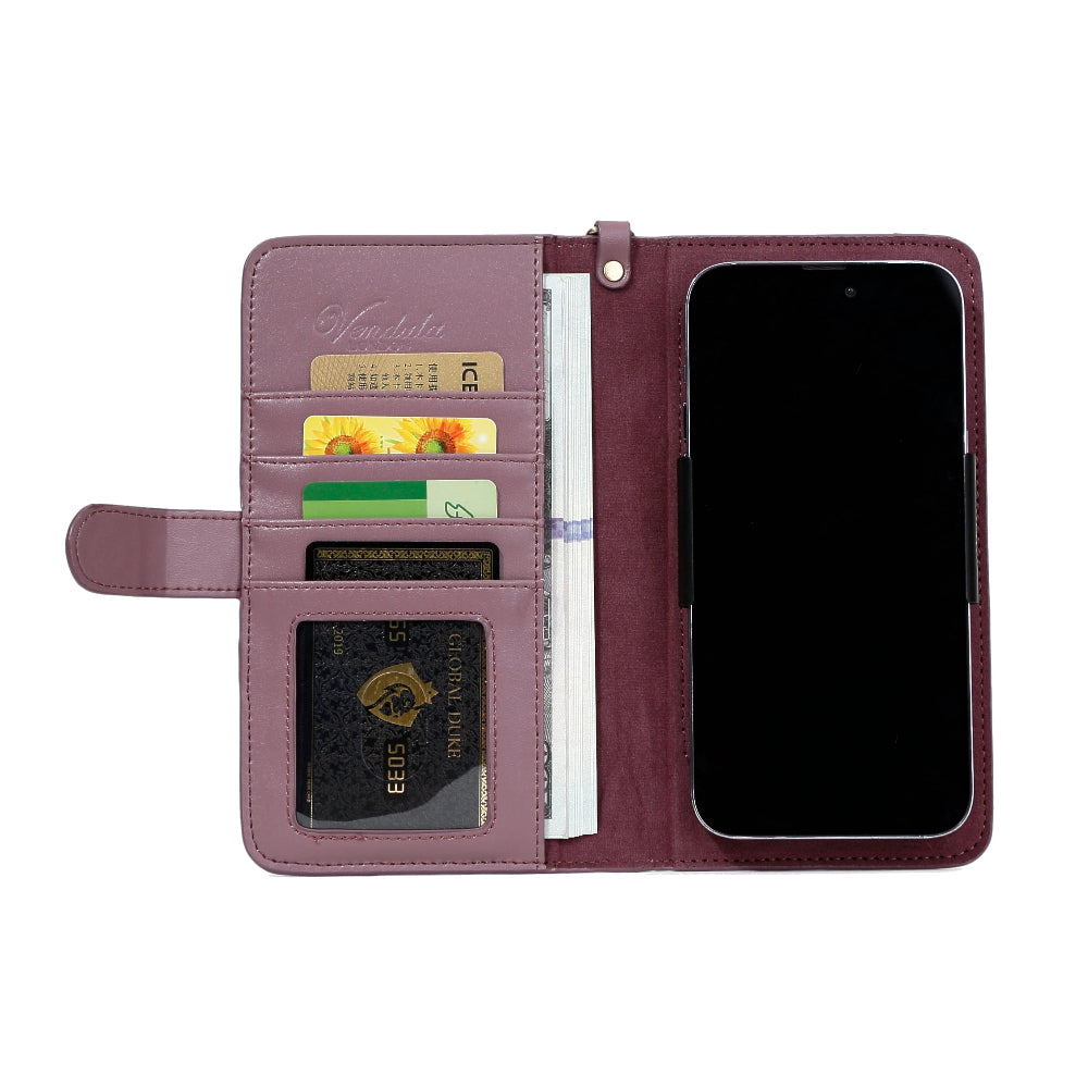 Purple phone wallet with card slots and a phone inside on a white background