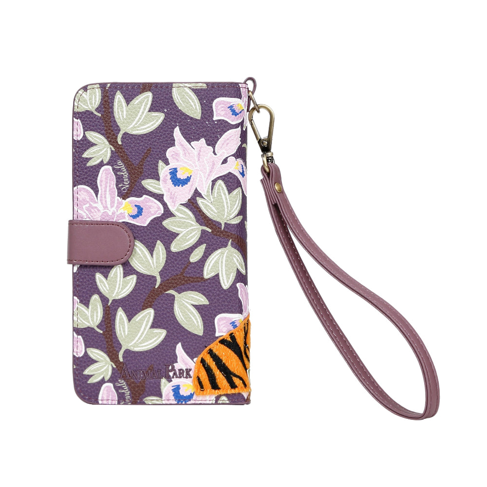 Floral patterned phone wallet with a tiger design on a white background