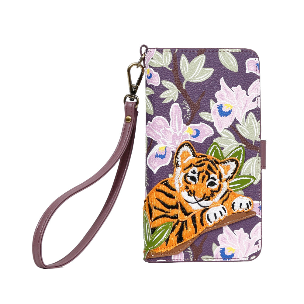 A multicolor floral phone case with a tiger embroidery on the front, featuring a wrist strap and a magnetic snap closure.