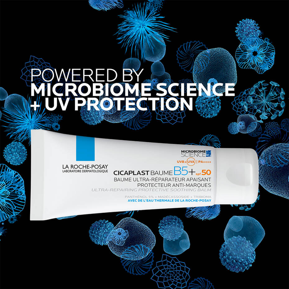 La Roche-Posay Cicaplast Baume B5+ UV-Protection with microbiome science and UV protection text on a black background with blue microscopic images.