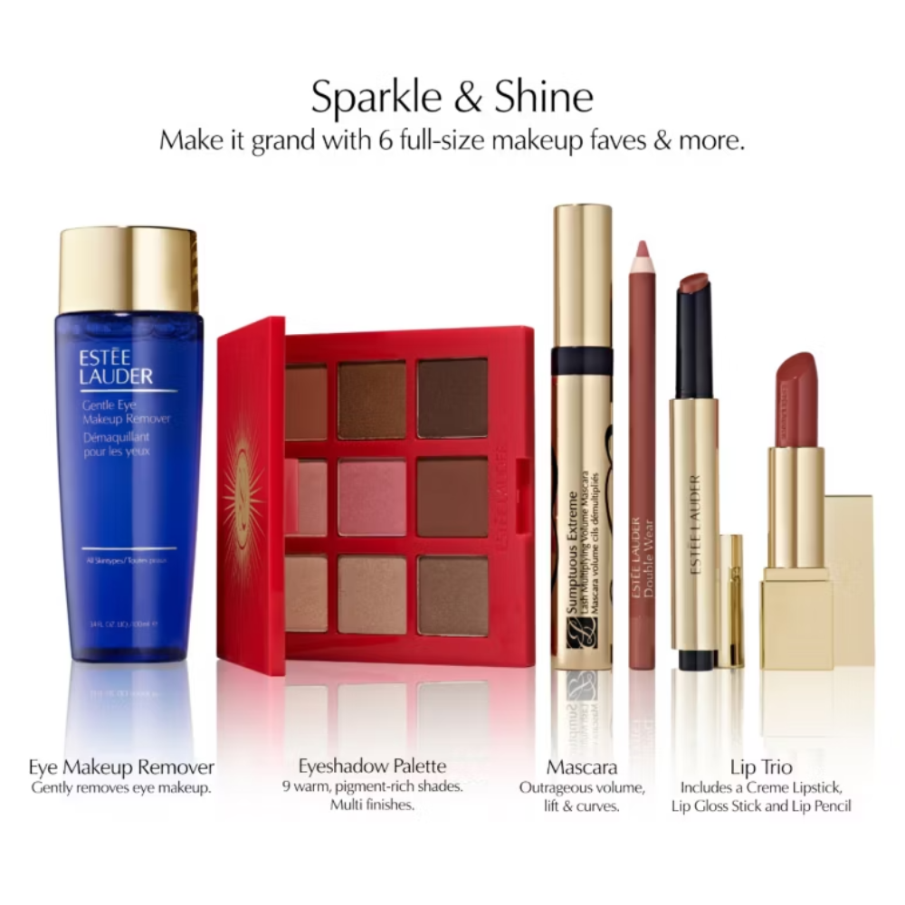 Estée Lauder makeup set featuring a blue remover bottle, a red 9-shade eyeshadow palette, a gold mascara tube, a brown lip pencil, and a red lipstick in a gold case, with text reading 'Sparkle & Shine' on a white background.