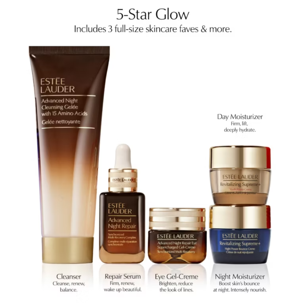 A skincare bundle set from Estee Lauder on a white background, featuring a large brown and gold Clearser tube, a brown and gold Repair Serum dropper bottle, a brown and gold Eye Gel-Creme jar, and two smaller brown and gold Night Moisturizer jars. Text at the top reads '5-Star Glow' and text labels identify each item.