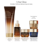 A skincare bundle set from Estee Lauder on a white background, featuring a large brown and gold Clearser tube, a brown and gold Repair Serum dropper bottle, a brown and gold Eye Gel-Creme jar, and two smaller brown and gold Night Moisturizer jars. Text at the top reads '5-Star Glow' and text labels identify each item.