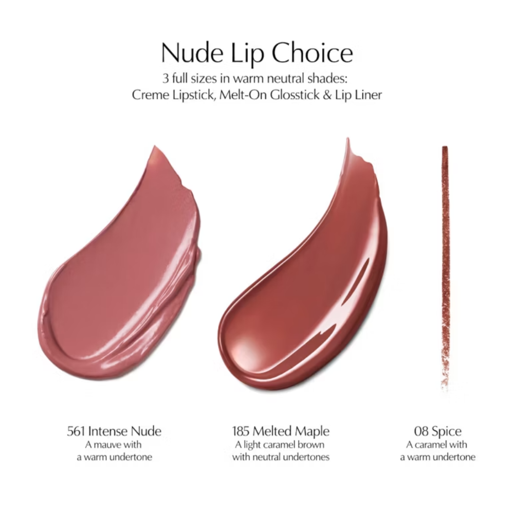 Nude Lip Choice shade selection graphic showing three lipstick swatches in warm neutral shades: 561 Intense Nude, 185 Melted Maple, and 08 Spice, with text describing each tone on a white background.
