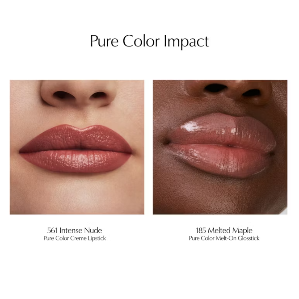 Pure Color Impact shade comparison graphic showing two close-up lip swatches side by side. The left swatch is labeled '561 Intense Nude' on a light skin tone, and the right swatch is labeled '185 Melted Maple' on a dark brown skin tone.