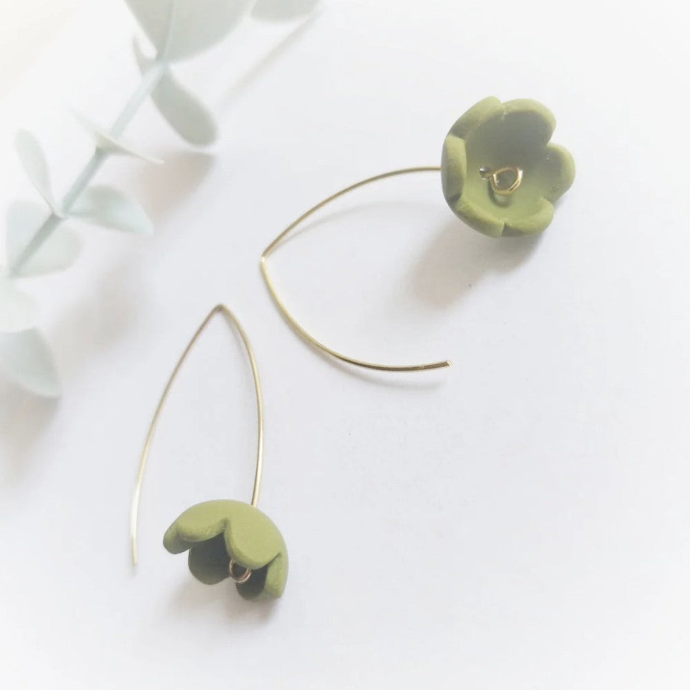 flower long earrings green