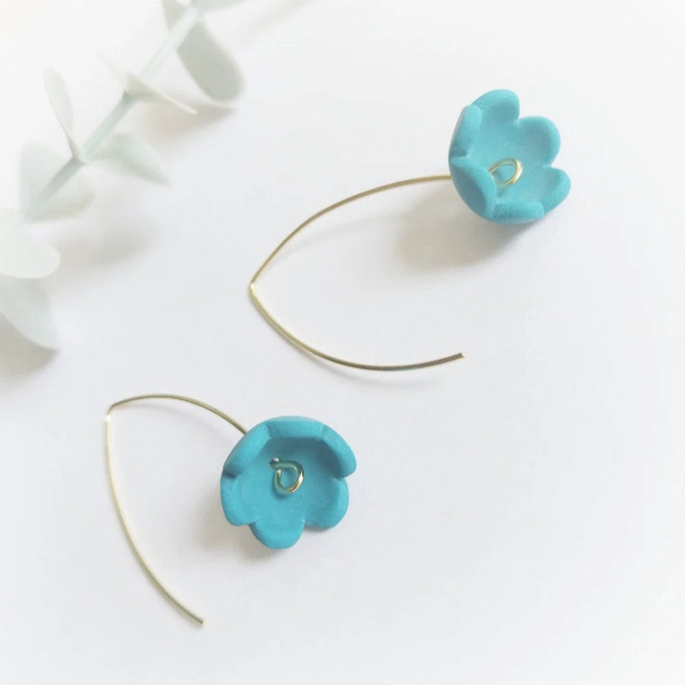 flower long earrings teal
