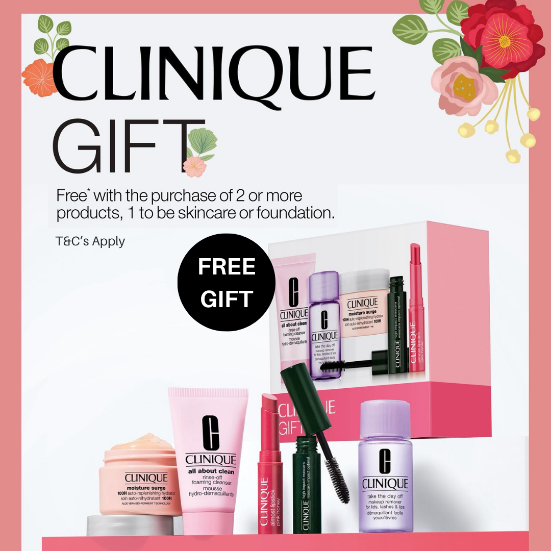 Clinique product display with promotional text for a free gift offer.