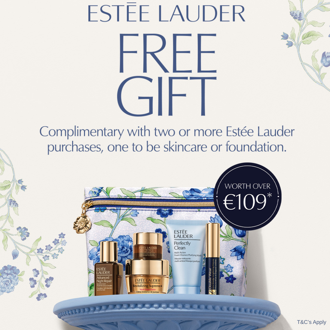 Estée Lauder free gift offer with skincare products and pouch on a white background.