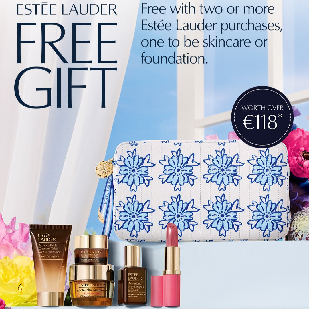 Estée Lauder beauty products with a free gift offer on a blue background