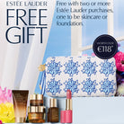 Estée Lauder beauty products with a free gift offer on a blue background