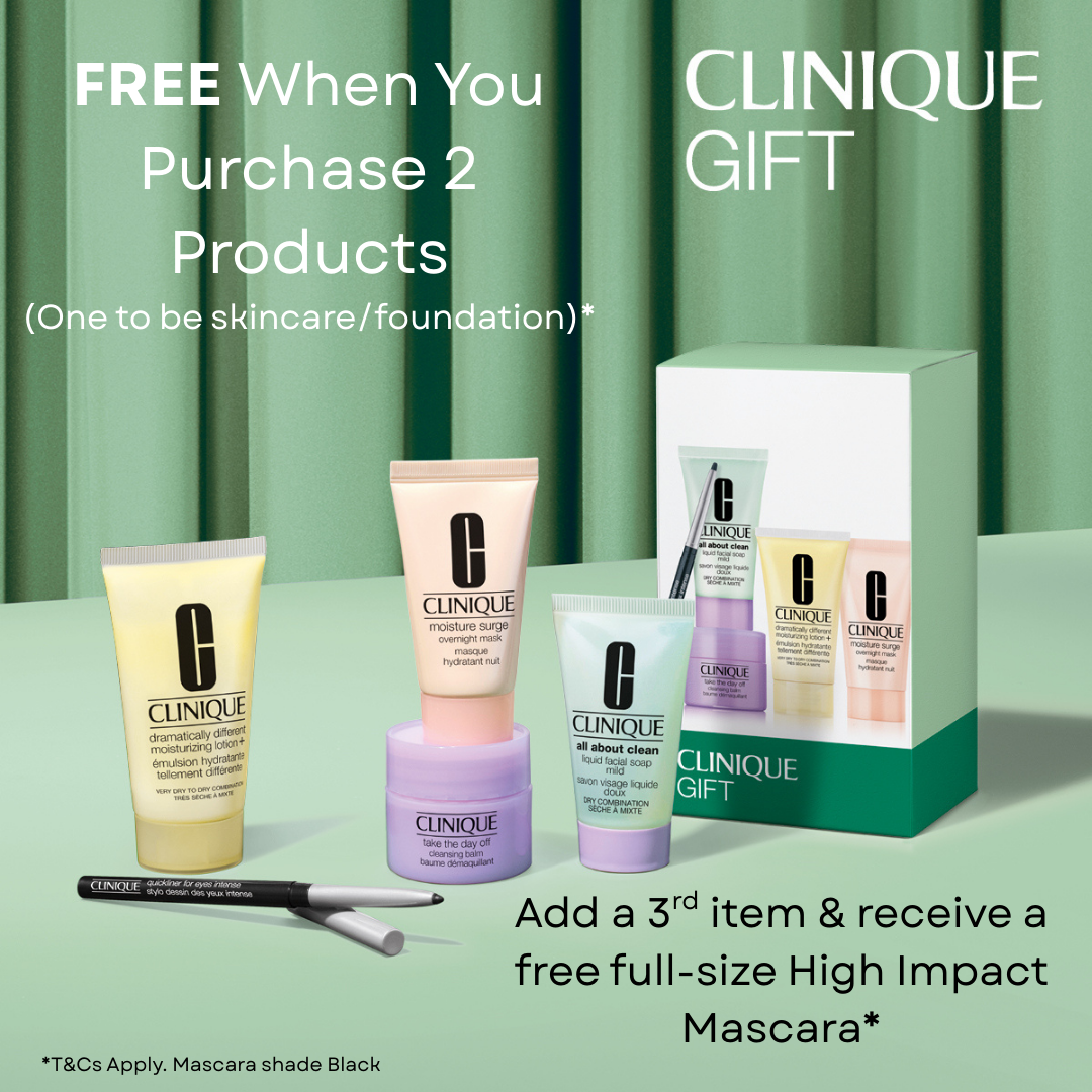 Clinique gift set with products and a box on a green background