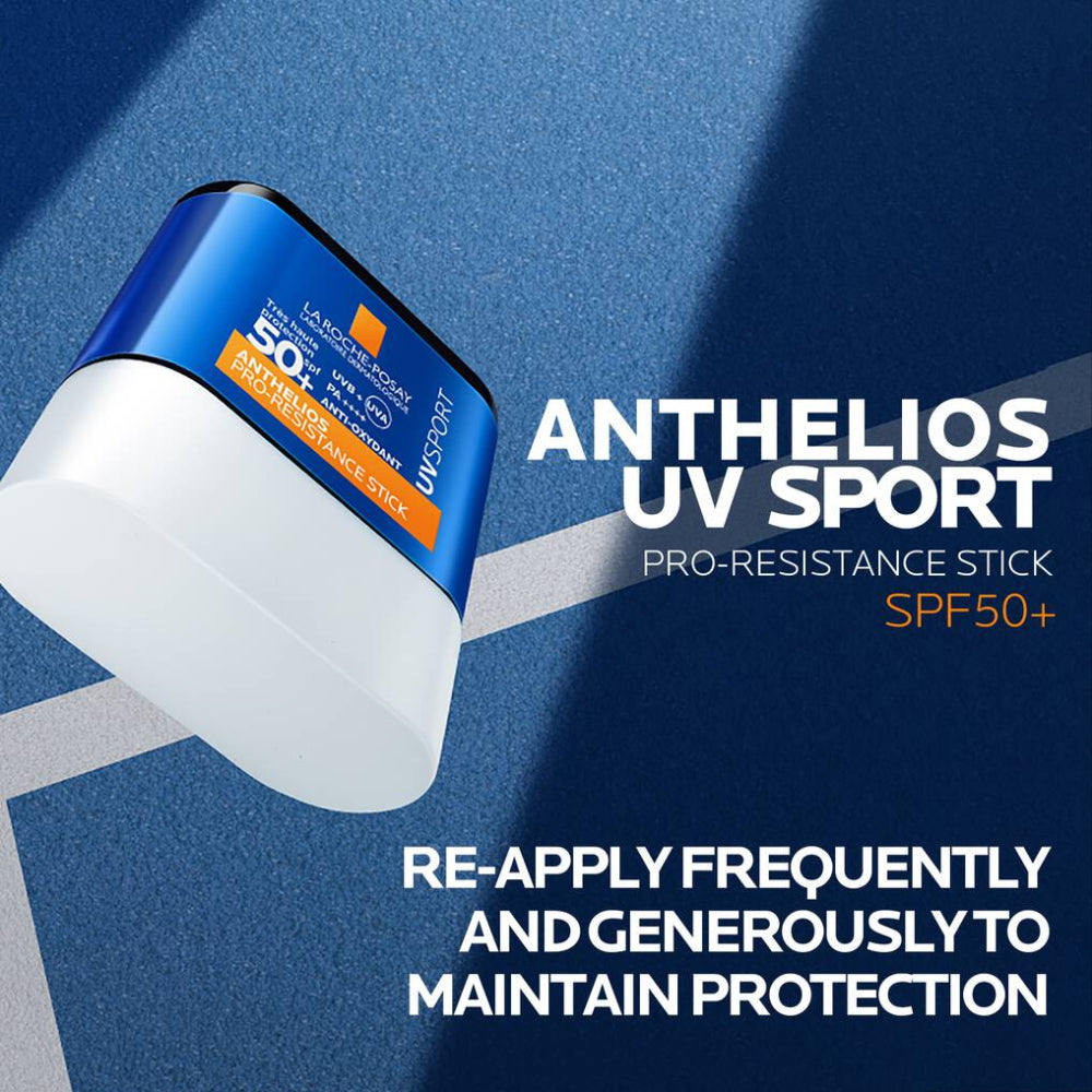 Anthelios UV Sport sunscreen stick on a blue background with text about re-applying for protection.
