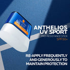 Anthelios UV Sport sunscreen stick on a blue background with text about re-applying for protection.