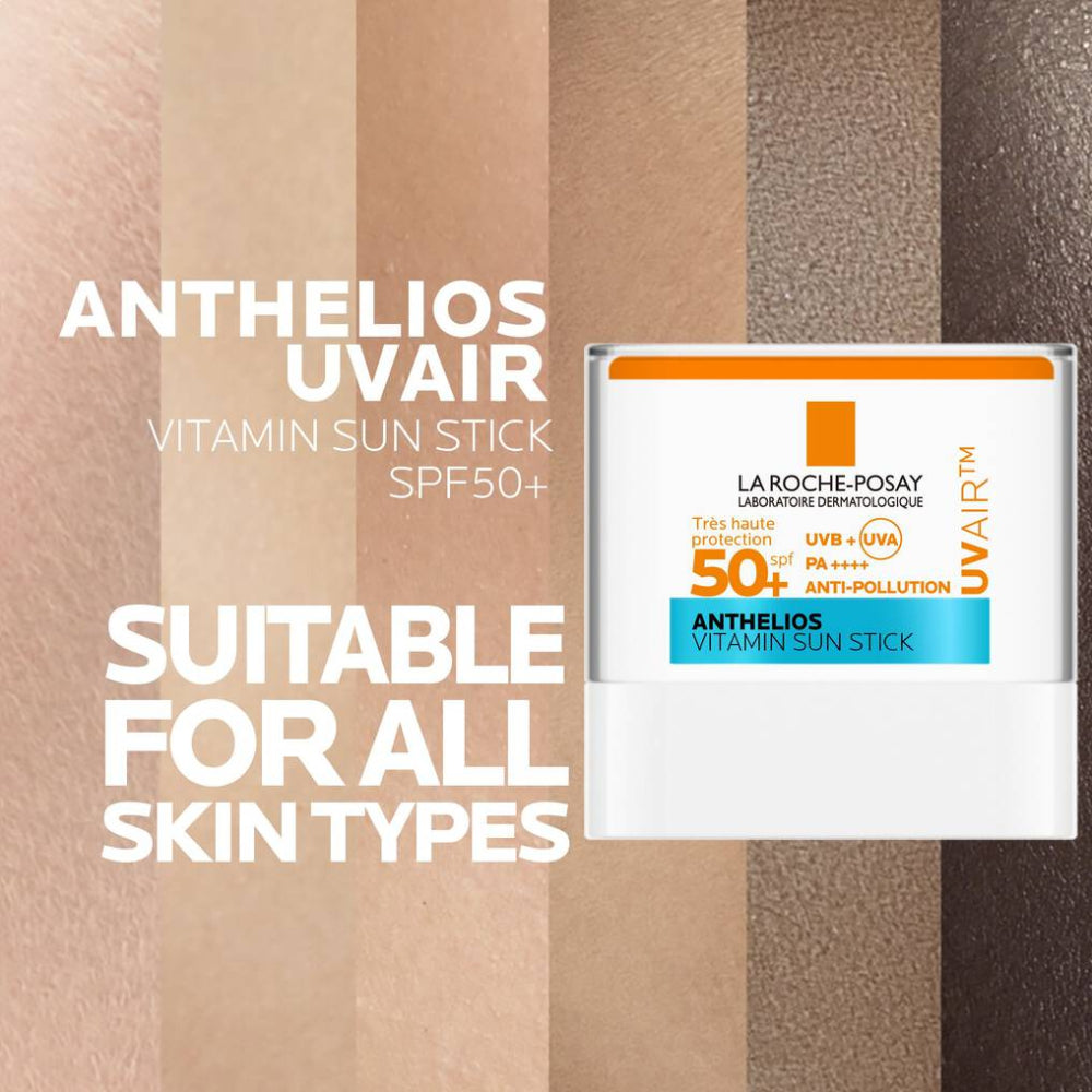 La Roche-Posay Anthelios UVAir Vitamin Sun Stick SPF50+ on a skin tone background