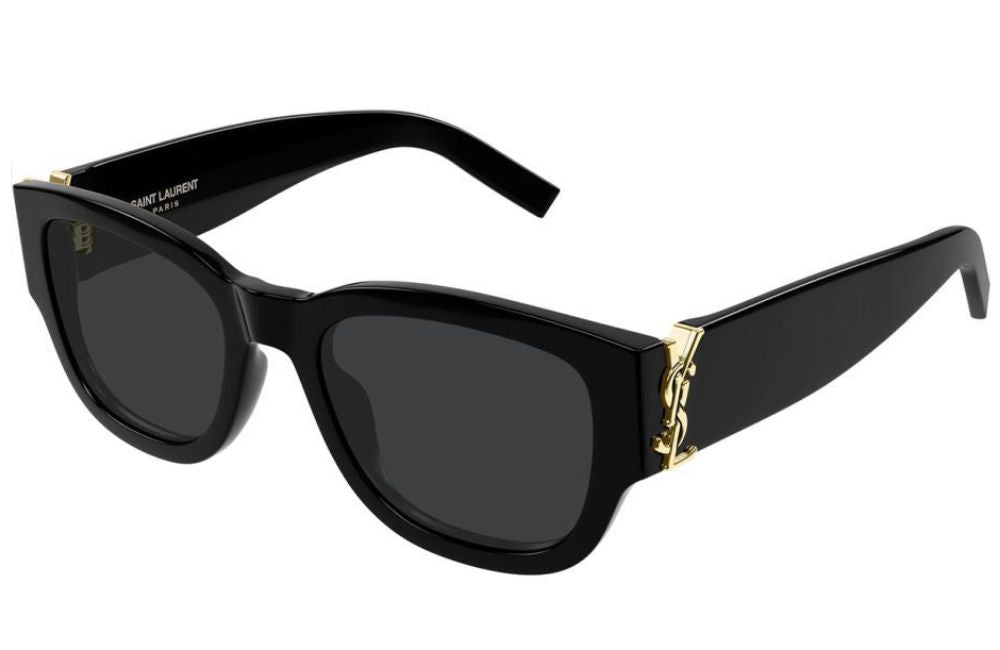 Saint Laurent sunglasses with a glossy black acetate frame, dark lenses, and gold-tone metal accents featuring the brand's signature YSL logo on the temples.