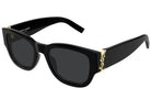 Saint Laurent sunglasses with a glossy black acetate frame, dark lenses, and gold-tone metal accents featuring the brand's signature YSL logo on the temples.