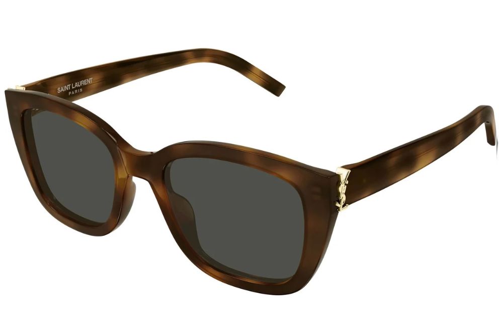 Saint Laurent sunglasses with a brown tortoiseshell acetate frame and dark gray lenses, featuring gold-tone metal accents at the hinge.