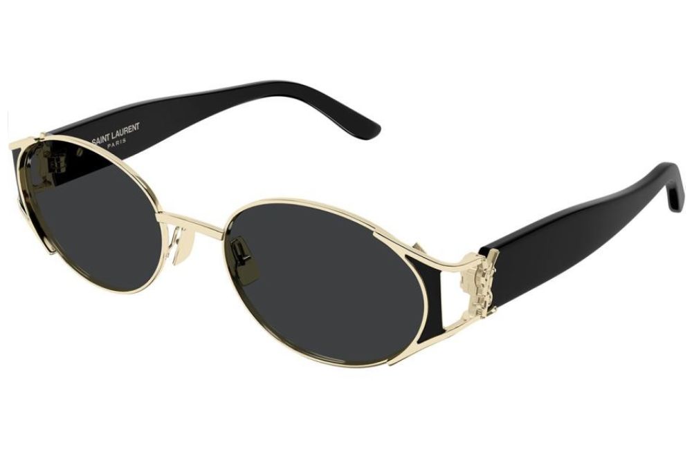 Saint Laurent oval sunglasses with gold metal frames, dark lenses, and black temples featuring the brand's signature Medusa head hardware.
