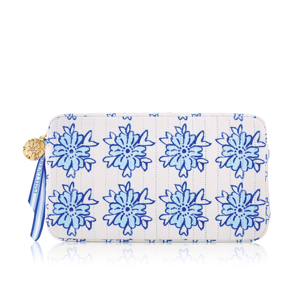 Clutch bag with blue floral patterns on a white background