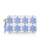 Clutch bag with blue floral patterns on a white background
