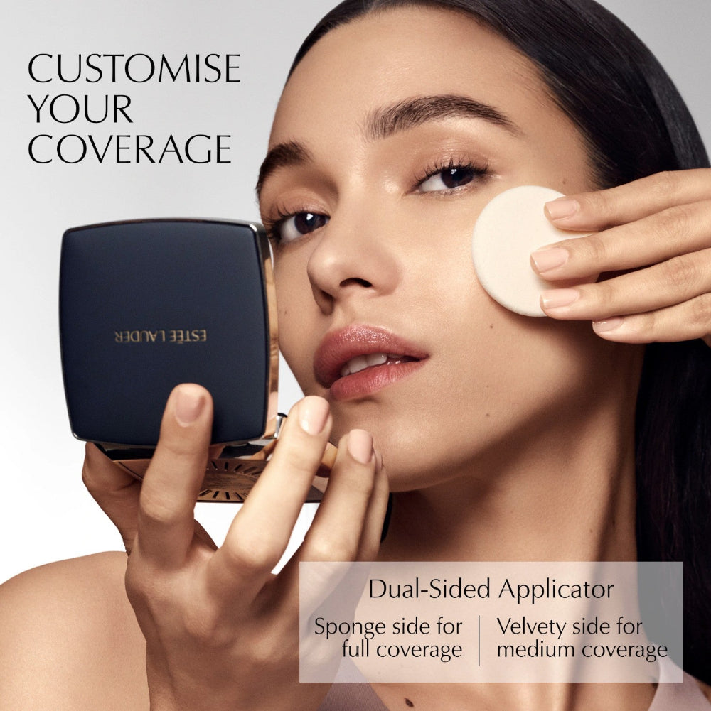 Woman applying makeup with a dual-sided applicator, featuring Estée Lauder product.