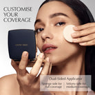 Woman applying makeup with a dual-sided applicator, featuring Estée Lauder product.