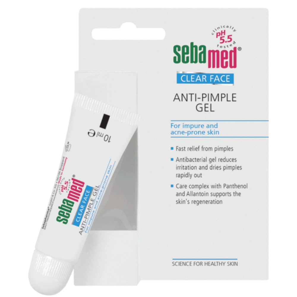 Sebamed anti-pimple gel packaging with tube on a white background
