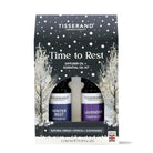 Tisserand Aromatherapy 'Time to Rest' diffuser oil and essential oil kit in a black gift box with white snowflake and tree illustrations, containing Winter Rest and Lavender bottles.