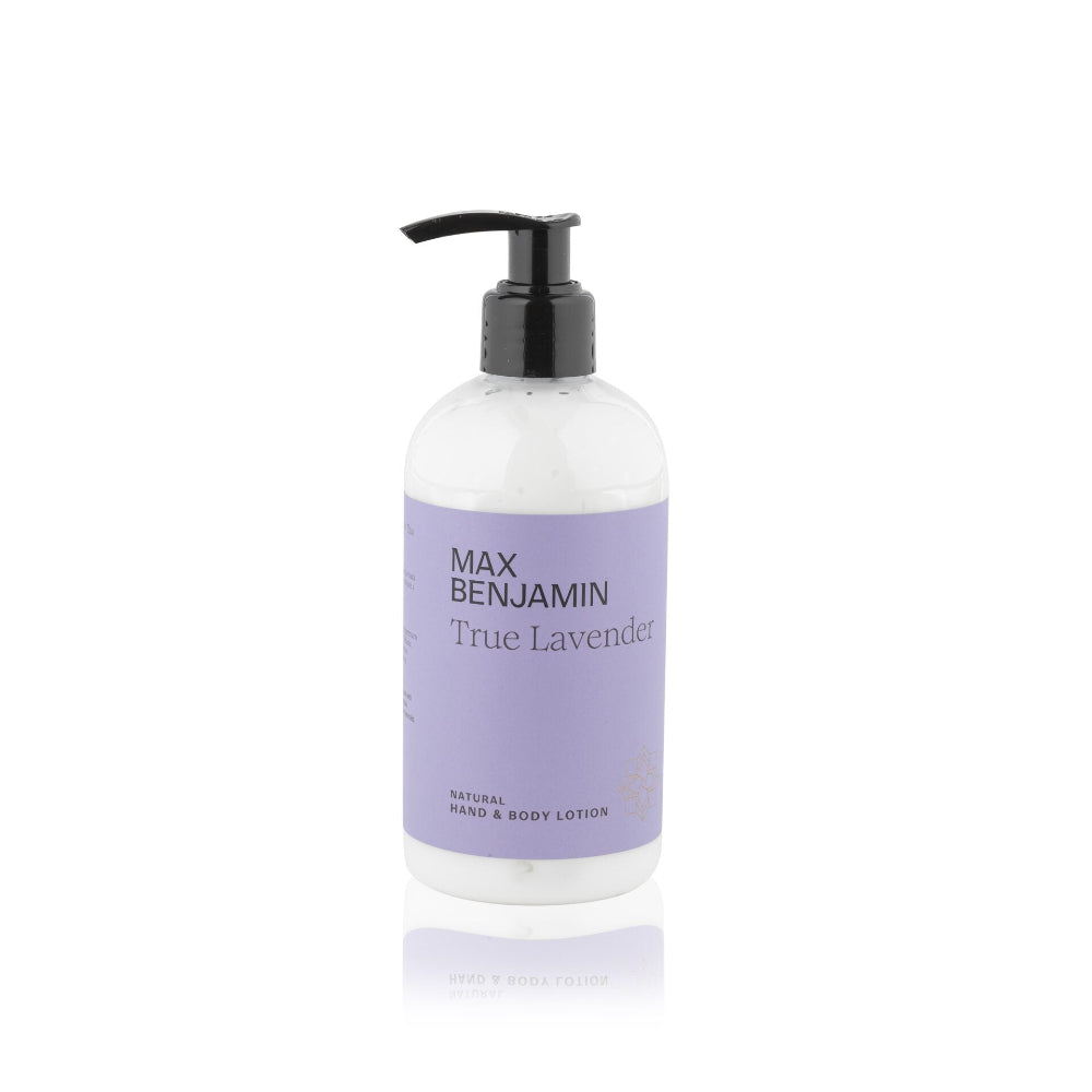 Max Benjamin True Lavender lotion bottle on a white background