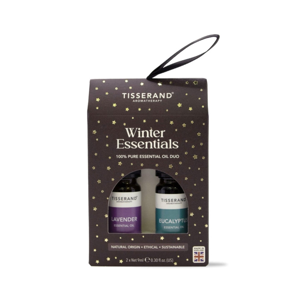 Tisserand Winter Essentials essential oil duo packaging on a white background