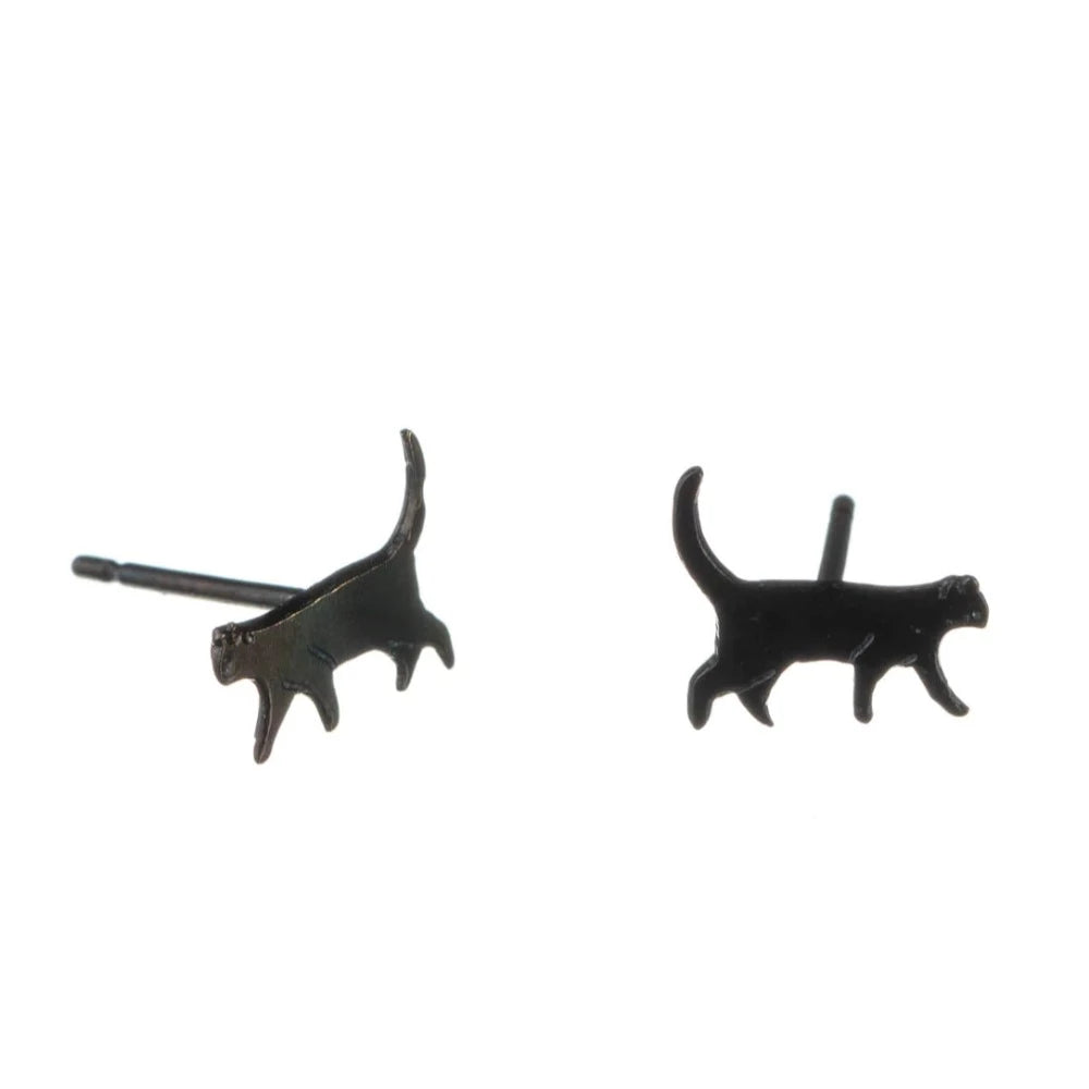 Amanda Coleman Handmade Tiny Walking Cat Stud Earrings black