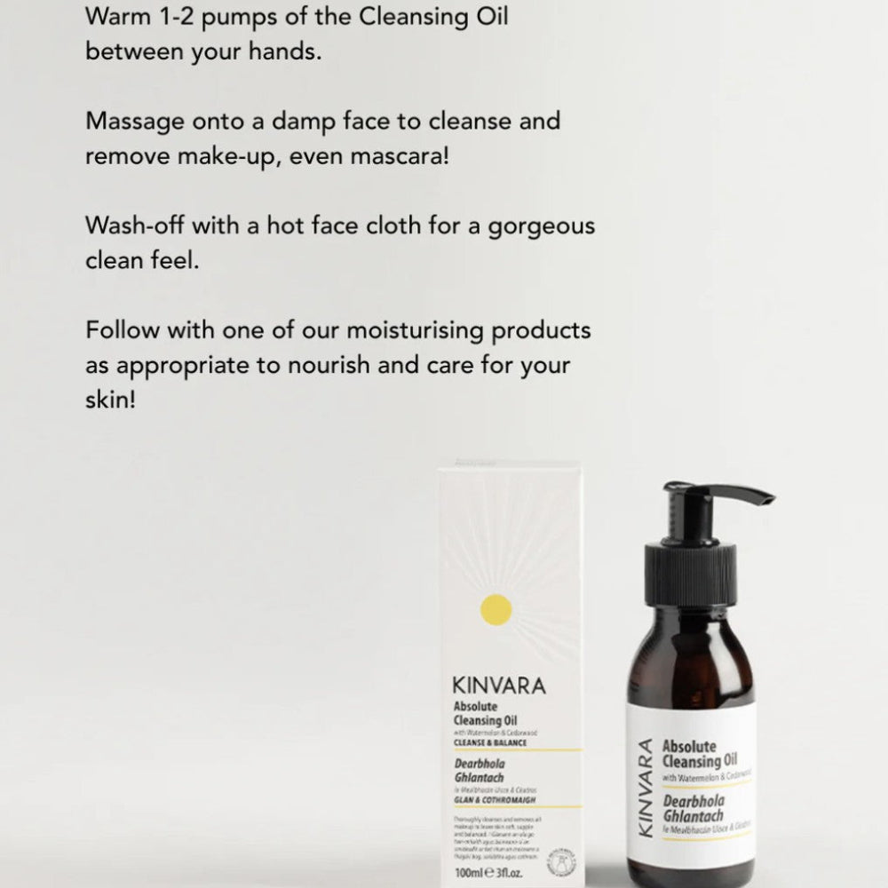 Kinvara cleansing oil bottle and packaging with usage instructions on a white background