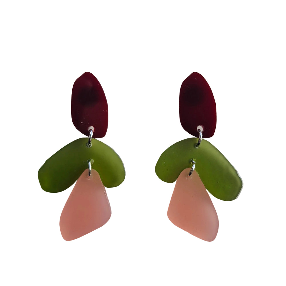 Abstract flower earrings in burgundy, green and rose
