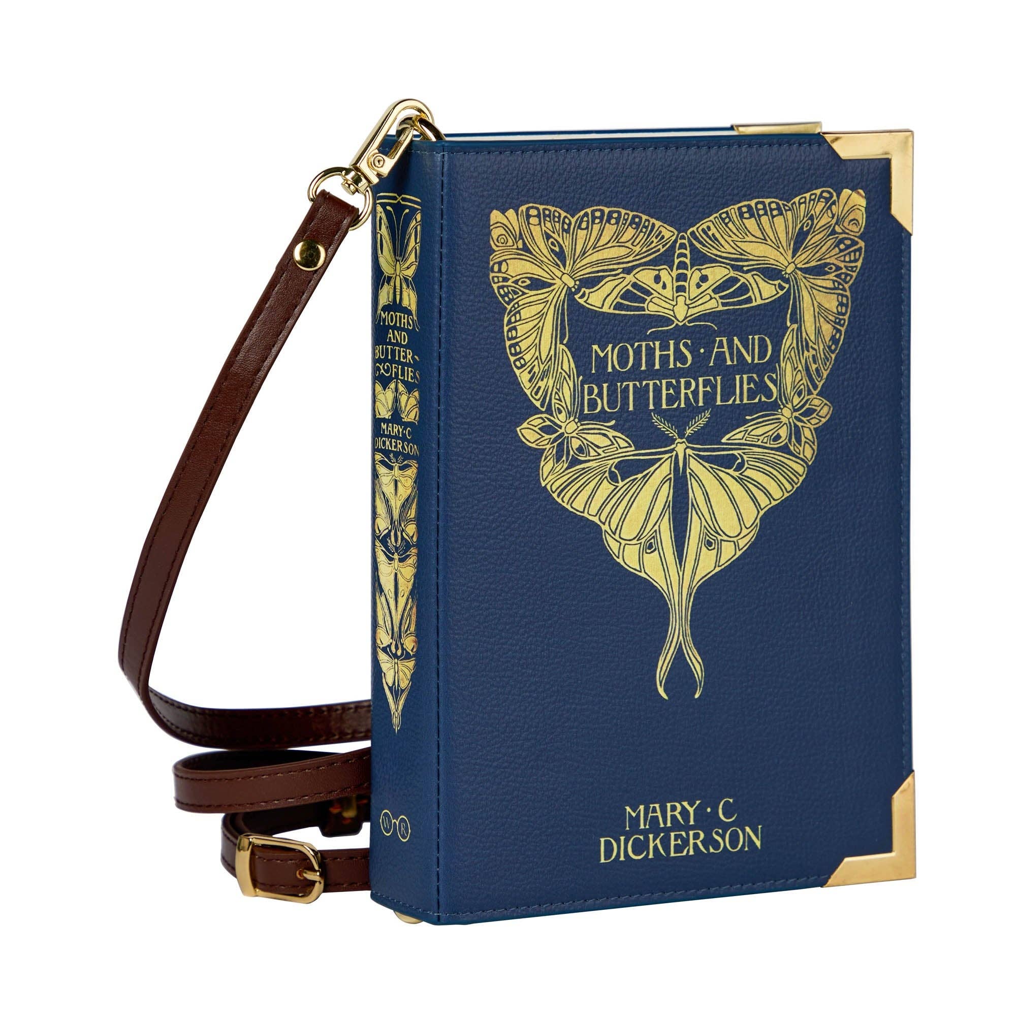 Blue book-shaped handbag with butterfly design and 'Moths and Butterflies' text on a white background