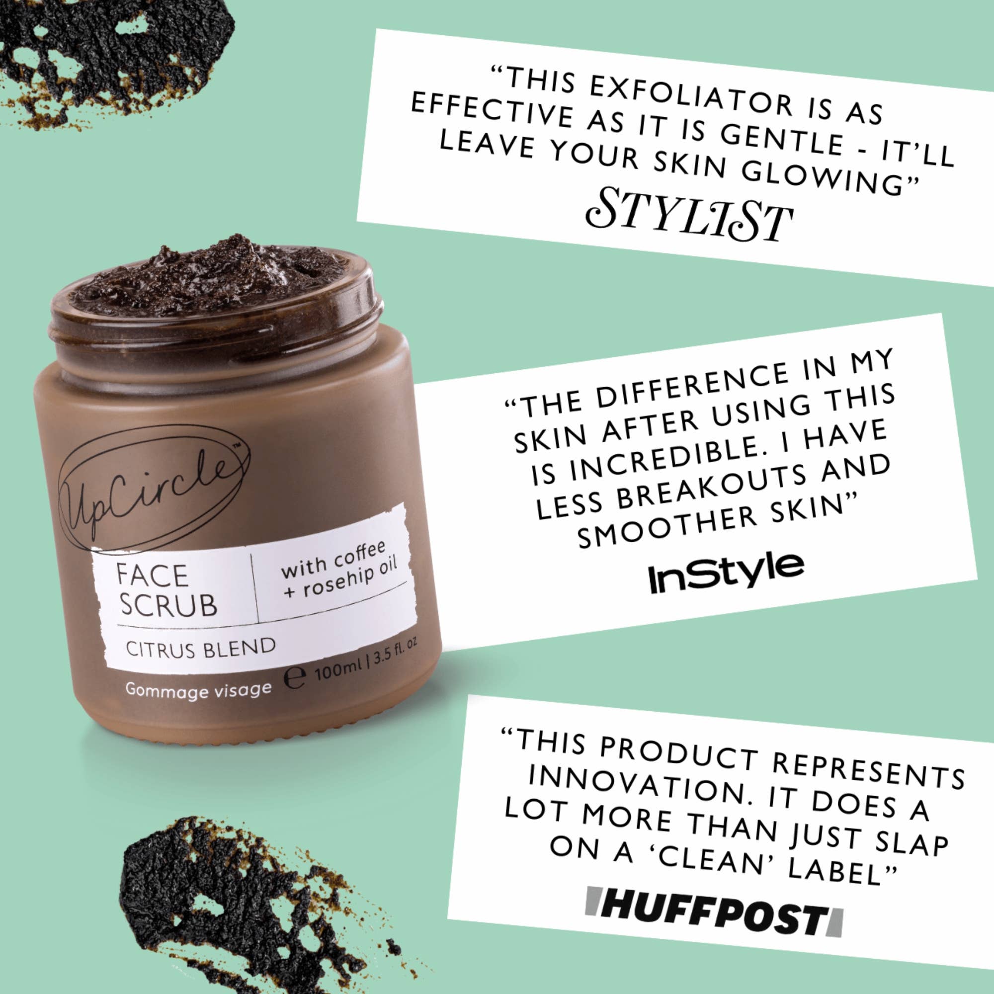UpCircle Face Scrub jar with product description and positive reviews on a light green background