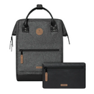 Gray backpack and patterned pouch with brand logo on a white background